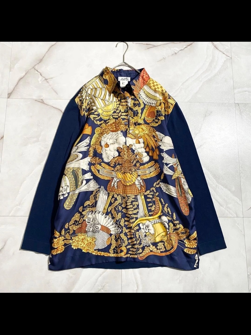 Hermes Navy Blue Multicolor Silk-Print Long Sleeve Top size large